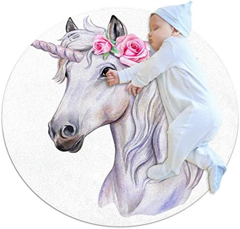 Tapete redondo, rosa floral de cavalo unicórnio 31,5 x31.5 Raje de berçário para quarto de sala de jogos infantil crianças