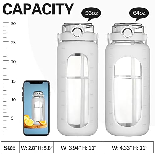 Garrafas de água de vidro de 64 onças com marcador de palha meio galão grande garrafa de água motivacional com manga de silicone