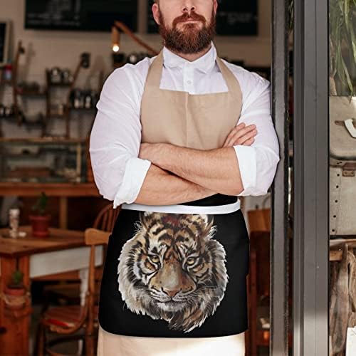 Avental da cintura da cabeça do tigre com 3 bolsos fofos de avental de avental curto para o restaurante de cozinha em