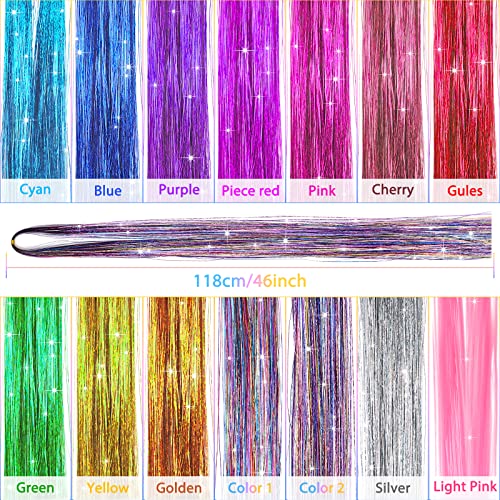 McKanti 14 cores kit de tinsel de cabelo com ferramenta, 47 polegadas 2800 fios de tinsel Extensões de cabelo para mulheres meninas, fada cabelos glitter brilho cintilante cintilante colorido para festa para a vida diária moda moda