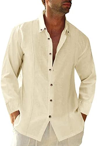 Mens Linen Guayabera camisa casual de manga comprida Button No verão Fit Fit Fit Beach Cuban Plain Tops