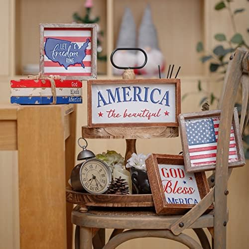 Festwind Wood Decorative Book Stack, livros de madeira empilhados com miçangas, decoração patriótica para bandeja em