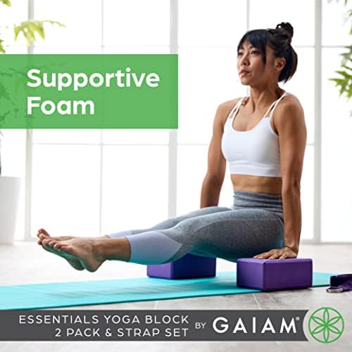 Gaiam Essentials Yoga Block 2 Pack & Yoga Strap Set, Purple Deep, 9 W x 6 H x 4 D