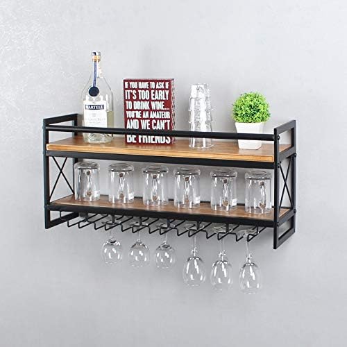 OISSIO Industrial Stemware Rack Montado na parede, prateleira de vinho com prateleiras de madeira, armazenamento de 2 níveis com 7 suporte de vidro para copos de vinho, canecas, decoração de casa, preto