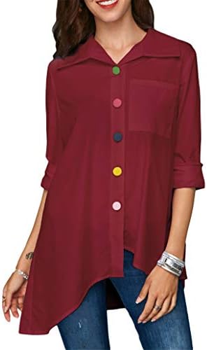 ANDONGNYWELLE Casual Roll Up Sleeve Sleeve Irregular Shirt bolso bolso de verão feminino de cor sólida de grandes