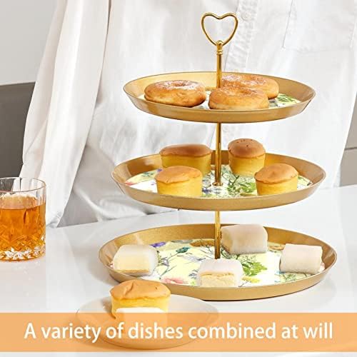 Bolo Stand Conjunto de 3 cupcake de camada Stands Plates de pastelaria reutilizáveis ​​para decorações de festas de chá de aniversário de casamento, Flor de borboleta pastoreável da primavera Floral