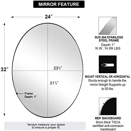 Espelho de banheiro de níquel escovado de Andy Star, 24x32 Espelho de parede oval emoldurado por níquel de níquel de 24x32 para banheiro,