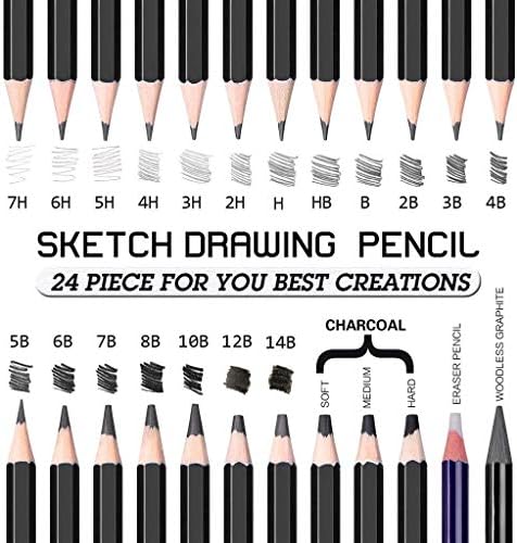 Conjunto de lápis de esboço - 24 peças desenhando lápis HB, B, 2B, 3B, 4B, 5B, 6B, 7B, 8B, 10B, 12B, 14B, H, 2H, 3H, 4H, 5H, 6H,