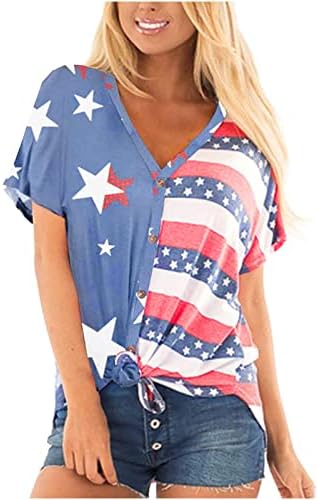Tops femininos para o verão 2023 Stripes patrióticos estrela American Flag But decote V Tops de manga curta curta