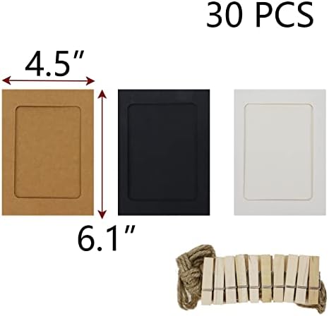 Moldura de papel de papelão pufguy 4 polegadas de papel molduras com clipes de madeira, corda de cânhamo para exibição pendurada foto, decoração de casa | Kraft White Black-30pcs