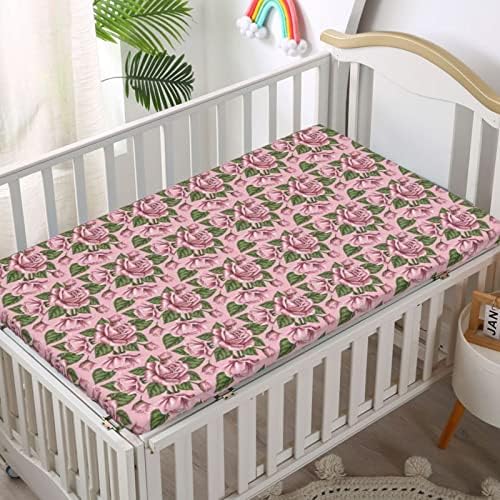 Rose temática ajustada Mini lençóis de berço, lençóis mini berços portáteis Criança de colchão macio para bebês para meninas meninas, 24 “x38”, Rose Rose Rose Seca Reseda Green