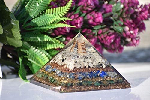 Orgonite Shop New Energy Generator Orgonite Pyramid | Rainbow Moonstone | Lapis Lazuli | Jade verde | Pirâmide orgona para meditação - proteção de eMF - reeki cura sonho cristal