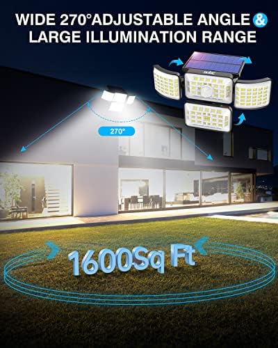 Luzes externas solares de Oulac, 2500lm 250 Luzes de segurança LED, 4 luzes do sensor de movimento da cabeça, 270 ° Luzes de parede de inundação de larga angular, 3 modos IP68 Luzes solares à prova d'água, 2pack