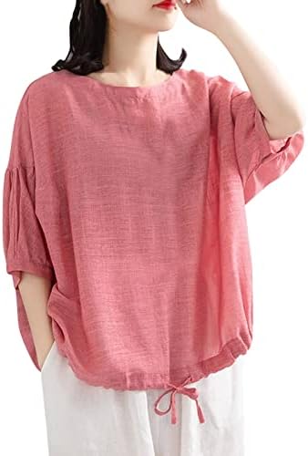 Mulher de algodão Mulheres longas Casual Mulheres de manga solta Camisa redonda da blusa de verão curto top Blusa feminina sólida