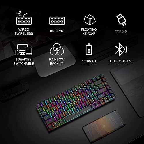 Teclado de jogos mecânicos sem fio, 2,4g/tipo-C/Bluetooth Recarregável Mini-teclado com retroilument RGB, interruptor vermelho, 84 teclas portáteis para gamer do Windows Mac Xbox, fácil de transportar em viagem à viagem