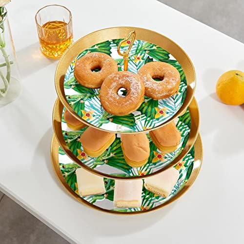 3 Placa de fruta de cupcake de 3 camadas de sobremesa Plástico para servir suporte de exibição para casamento de aniversário Decorações de chá de chá de bebê redondo, flores amarelas em aquarela sapos verdes