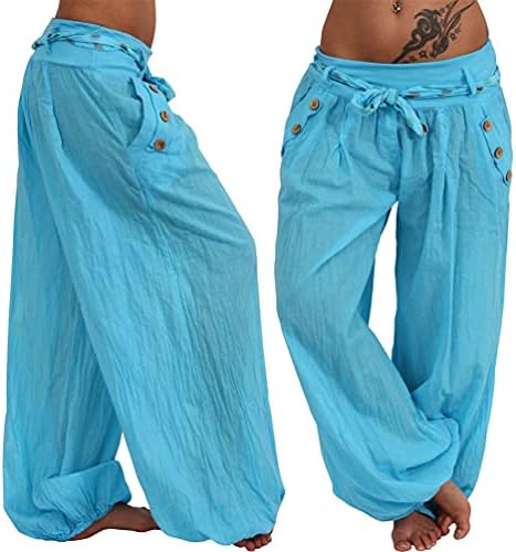 Tule de tule feminina Tule de cor sólida casual Long solto calças folgadas Beach Harém Ponta elástico azul escuro 3xl