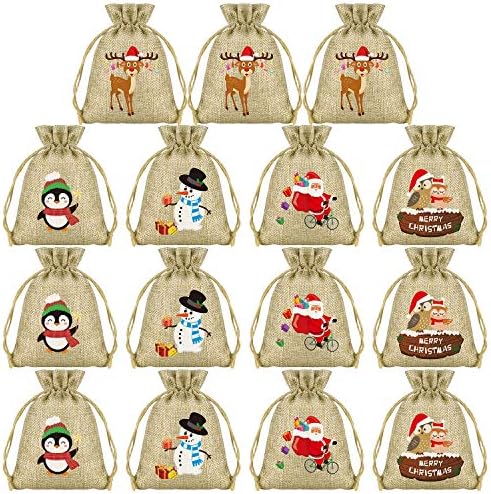 Kuuqa 15pcs Bolsas de Natal Bolsas de tração de natal Sacos de tração de Natal pequenas sacolas de guloseimas de juta de Natal para