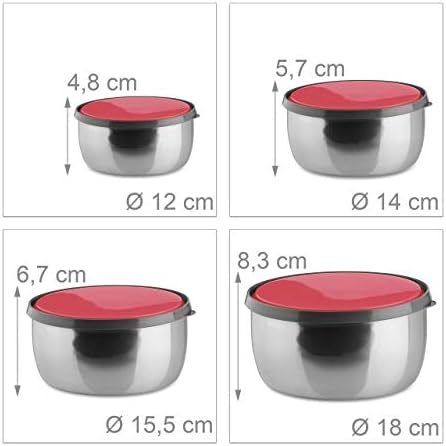 Relaxdays Bowl Set com tampas, 4 peças, vários tamanhos, aço inoxidável, recipientes de armazenamento, vermelho
