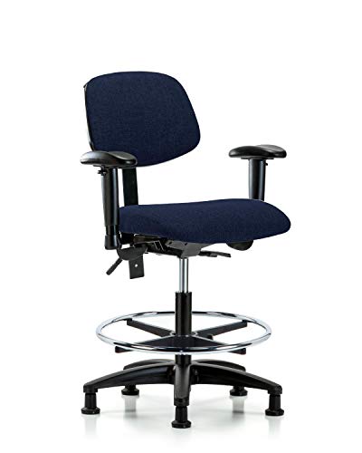 Labtech Seating LT42446 Cadeira de bancada média, tecido, base de nylon - braços, anel de pé cromado, desliza, marinha