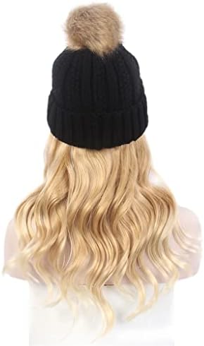 Scdzs Fashion Ladies Hair Hat One Long Curly Gold Wig Hat One Black Knit Hat Wig Personalidade elegante