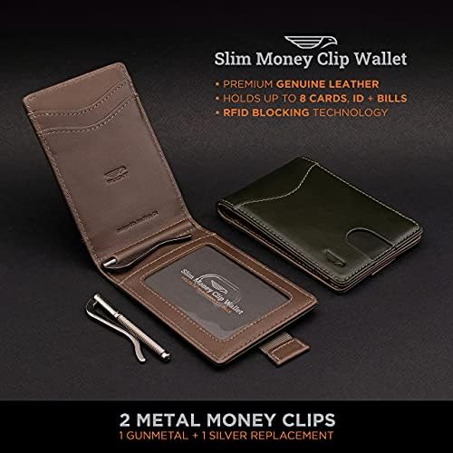Pockt Slim Bifold Cartet para homens com clipe de dinheiro - Minimalista de bolso de bolso de bolso dianteiro de couro minimalista | Exército verde