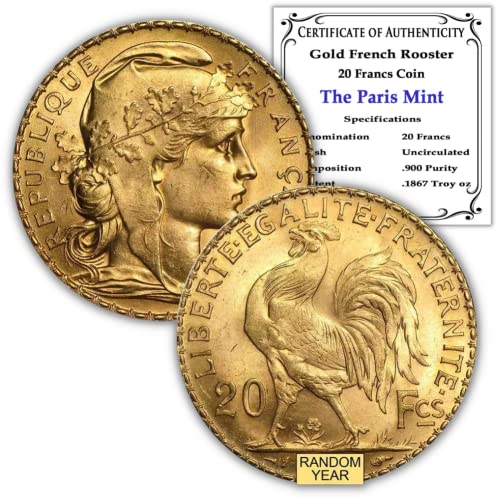 1899-1914 Moeda de galo de ouro francês Brilhante não circulado com certificado de autenticidade 20 francos