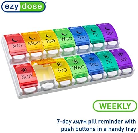 Caixa de pílula de botão de push da dose ezy, planejador de medicina, organizador de vitaminas, 2 vezes por dia AM/PM,