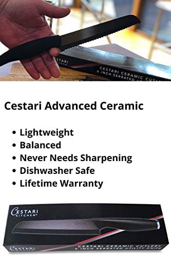 Coleção completa de cerâmica avançada CESTARI: Inclui faca de pão, faca de utilidade, cortador de pizza e descascador de