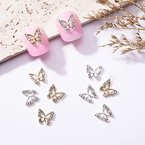 Uuyyyeo 20 PCs Butterfly Nail Charms Rhinestones liga jóias de unhas de unhas brilhantes jóias de joias 3D Butterflies Charms Decorações de arte suprimentos dourados