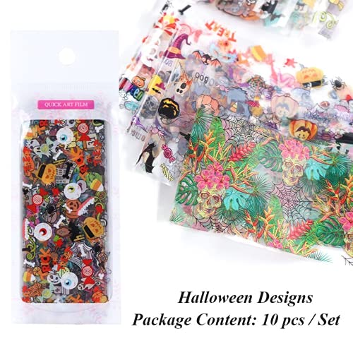 Felas de transferência de designer de designer de Halloween, 10 folhas de adesivos de unhas de bruxa, pumkin aranha crânio fantasma starry sky adesivos para unhas para manicure DIY Mulheres meninas