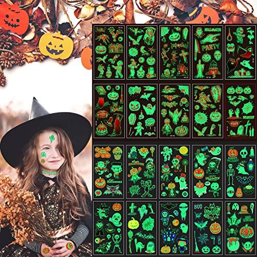 20 folhas Halloween Tattoos temporários para crianças, brilho no Dark Halloween Kids Tattoo Stickers Pumpkin Ghost Monster Skeletons Tattoos Halloween Tatuagens de face temporário para suprimentos de festa de Halloween