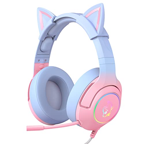 Fone de ouvido para jogos de phnixgam para PS4, PS5, Xbox One, fones de ouvido de ouvido de gato com microfone de cancelamento de ruído, luz de fundo RGB, som surround para PC, telefone celular, gradiente rosa azul