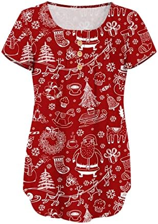 Camisas de grandes dimensões femininas 2023, mulheres primavera de floco de neve da primavera camisetas de manga curta Crega do pescoço de grandes dimensões vermelhas