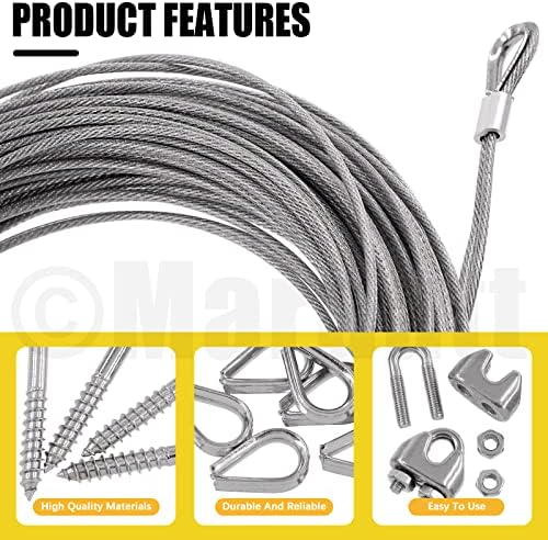 Mardatt 61pcs Kit de corda de cabo de fio, cabo de arame de aço inoxidável 304, kit de filtro de tensor de fio de tensionamento