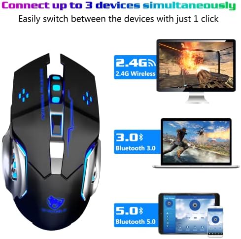 Urbanx Recarregável de mouse Bluetooth Multi-dispositivos com 3 opções de DPI, mouse silencioso portátil óptico ergonômico para Lenovo Legion 5 15,6 laptop de jogo azul preto preto