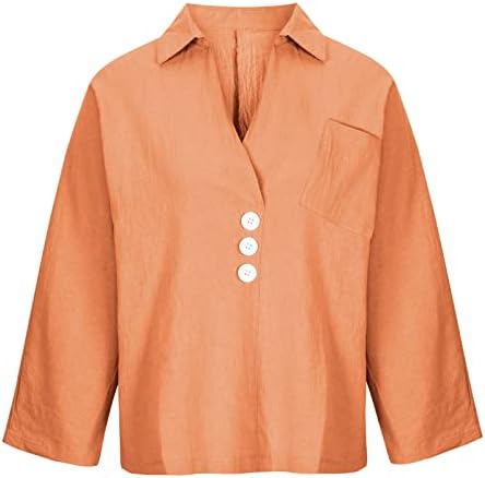 Camiseta da Blusa da Charella para o outono feminino Summer Manga longa 2023 Roupas de linho Cotton V Neck Button