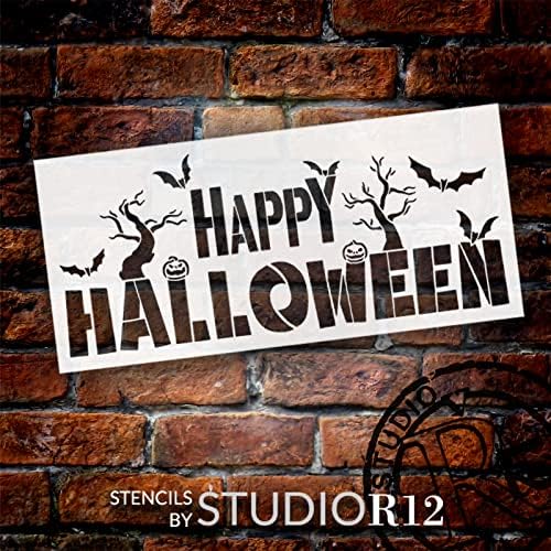 Happy Halloween Word Art Stoncil por Studior12 | Jack-o-Lanterns Trees Flys Bats | Pintar decoração de casa assustadora
