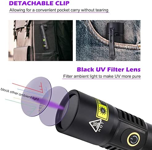 Lanterna UV UV recarregável de 20W 365nm Luz UV para resina de detecção de urina de urina de gato de estimação Fluorescente, 2 modos Mini Mini LED LED LED Ultravioleta com filtro, impermeável