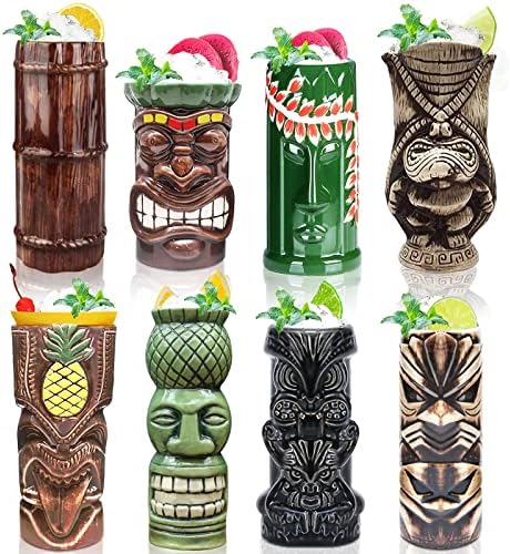 Conjunto de coquetéis de canecas tiki de 8 - Drinkware de canecas de festa da festa da lua de cerâmica, copos de coquetel exóticos, bares de festas havaianos do bar Tiki Bar, TKSET0017