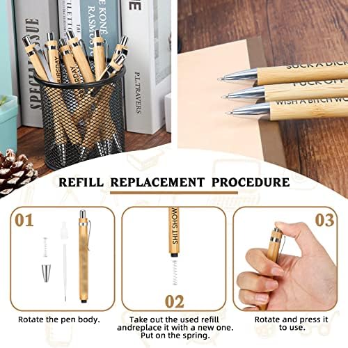 Canetas engraçadas do ikemiter, canetas sarcásticas Dias da semana, canetas engraçadas de bambu, canetas engraçadas de sete dias da semana, canetas de bambu 7pcs com 10 pcs recargas alternativas de escritório engraçado para adultos para adultos