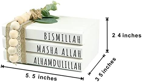Pilha de livros de madeira islâmica, bismillah mashaallah Alhamdulillah, fazenda Eid Ramadan Decor de bandeja em camadas, livros brancos mini empilhados com bertes de miçangas de madeira