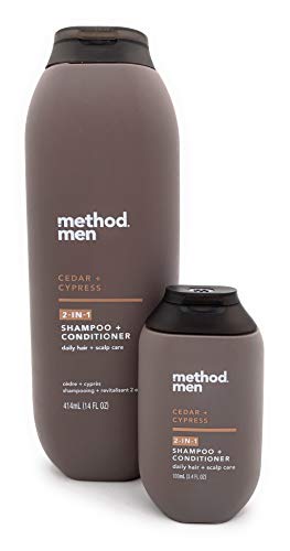 Pacote de shampoo de 2 em 1 masculino + condicionador-Método Men Cedar + Cypress 14 fl oz e tamanho de viagem 3,4 FL OZ Garrafas