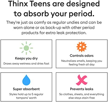 Teens Thinx Teens Shorty Rouphe para adolescentes, roupas íntimas de algodão possuem 5 tampões, calcinha de período feminino