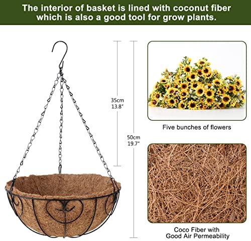 Girassóis de seda artificial inqcmy com cesta suspensa para decoração do jardim do pátio, cestas de coco de palmeira com girassol