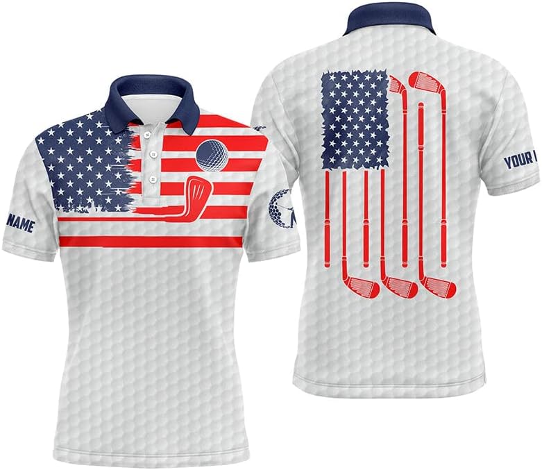 American Flag Patriótico Homem Camisas de Polo de Golfe Camisetas personalizadas Camisa Polo de golfe branca Mens, presentes de golfe exclusivos camisa de pólo de manga curta, camisa de golfe de camisa de golfe para homens golfistas