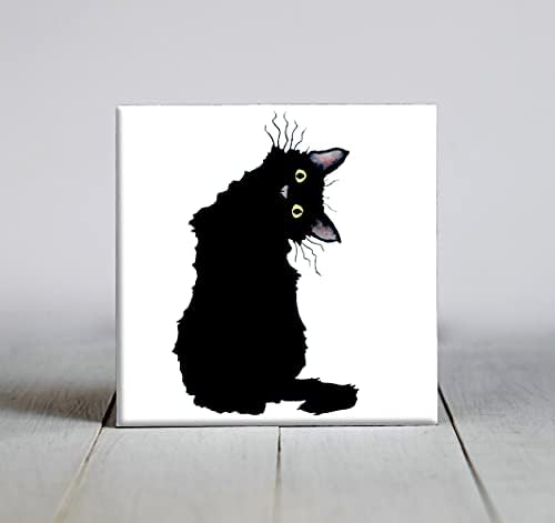 Azulejo decorativo de arte em aquarela de gato preto maluco