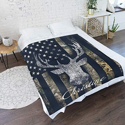 Blanta de veado camuflada da bandeira americana com nome de nome Texto personalizado Personalizado Super macio com lã de lã cobertores para sofá -sofá -cama 50 x 60 polegadas