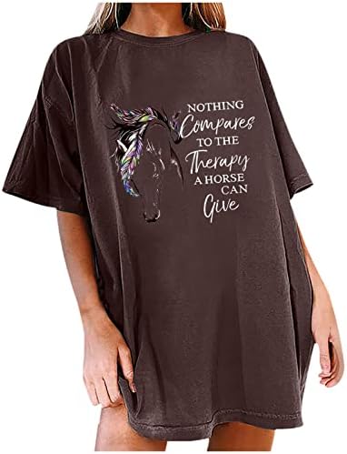 Camisetas femininas letra engraçada imprimir cavalo gráfico de manga curta túnica túnica de verão casual o pescoço blusa