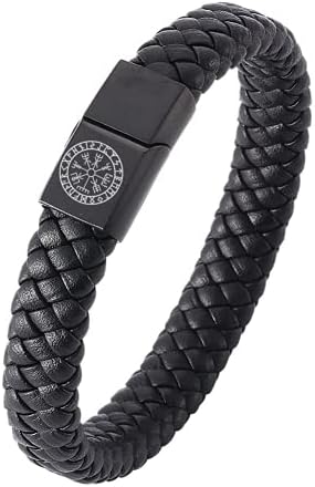 Foreverwill aço inoxidável embrulhado em couro viking bússola bracelete com fecho magnético, homens mulheres rúnic nórdico vegvisir símbolo bracelete jóias amuletas, preto